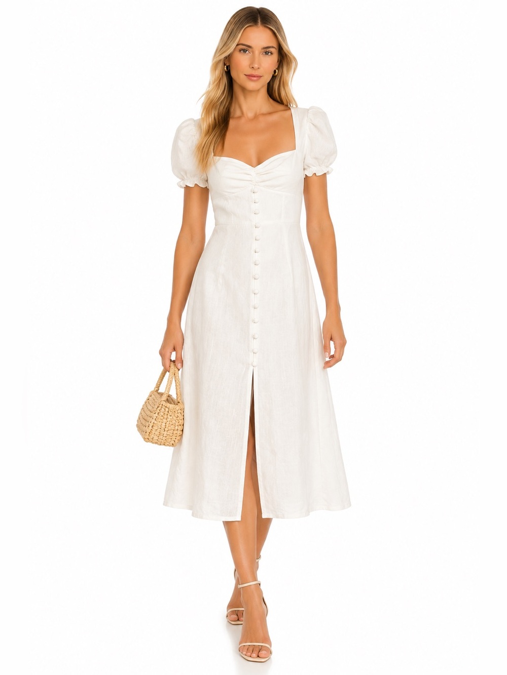 White Puff Sleeve Button Front Midi Dress XS Cottagecore Romantic